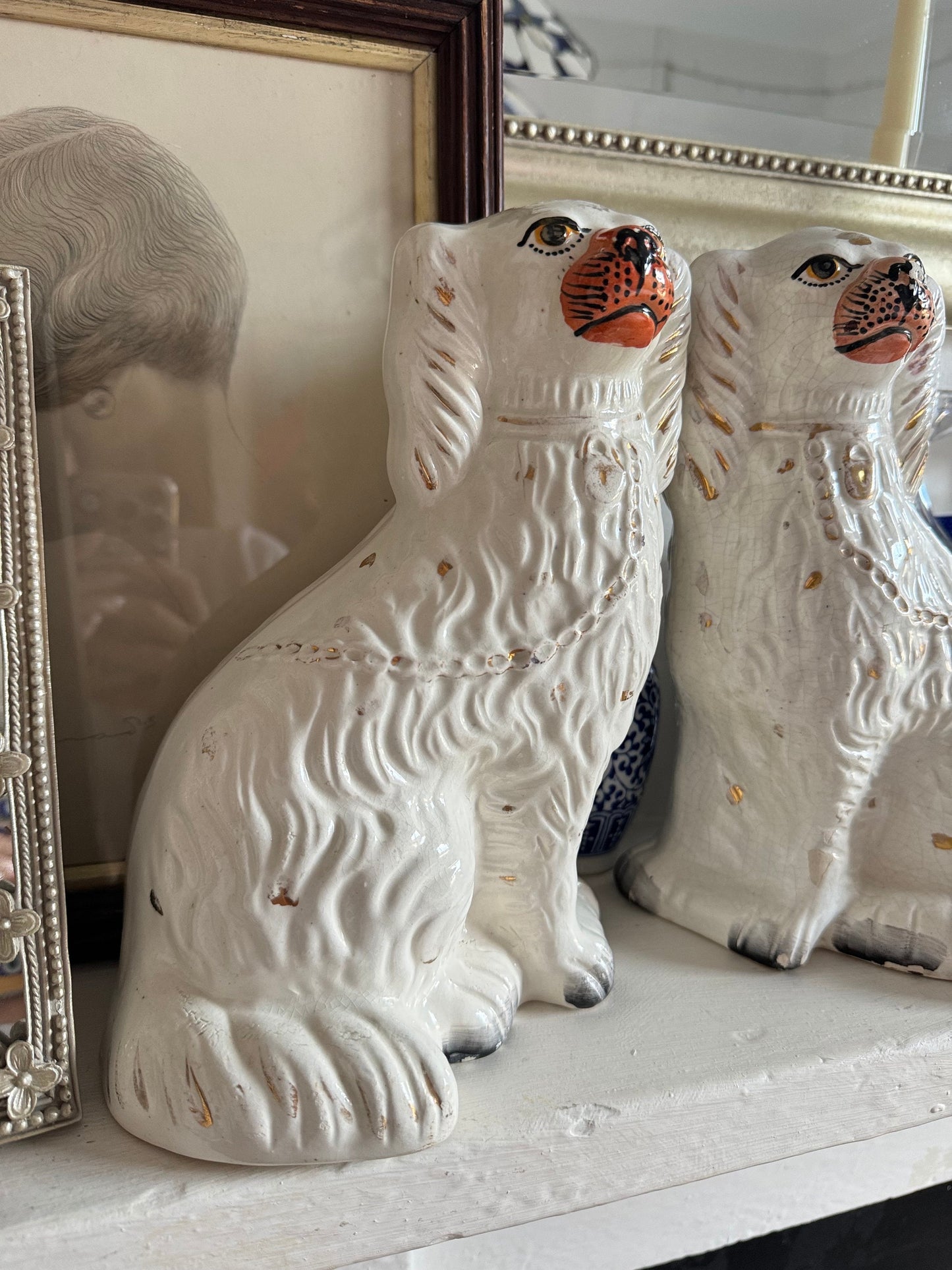 Pair of Antique Victorian Staffordshire Spaniel Dog Figurines - Mid to Late 19th Century