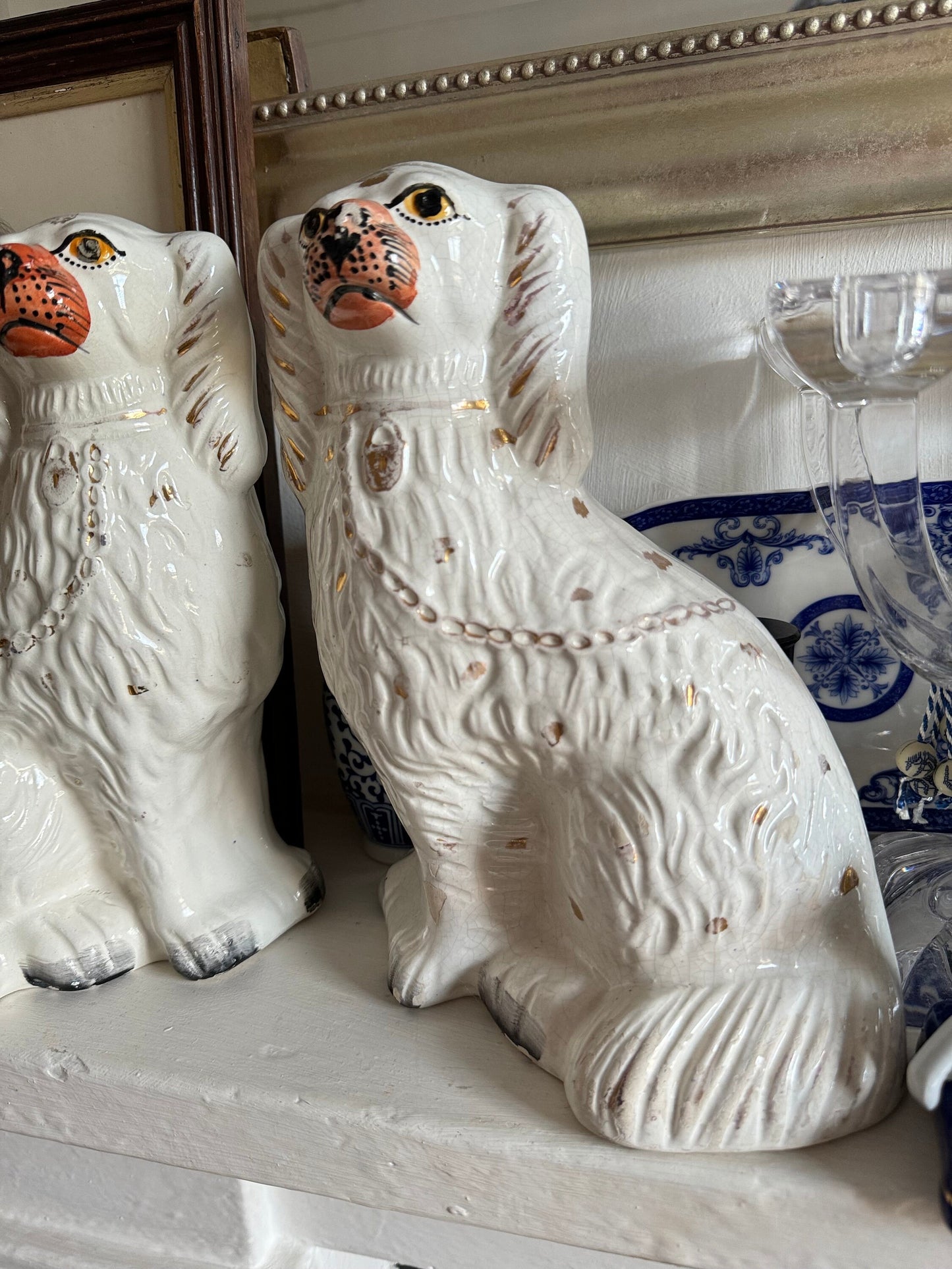 Pair of Antique Victorian Staffordshire Spaniel Dog Figurines - Mid to Late 19th Century