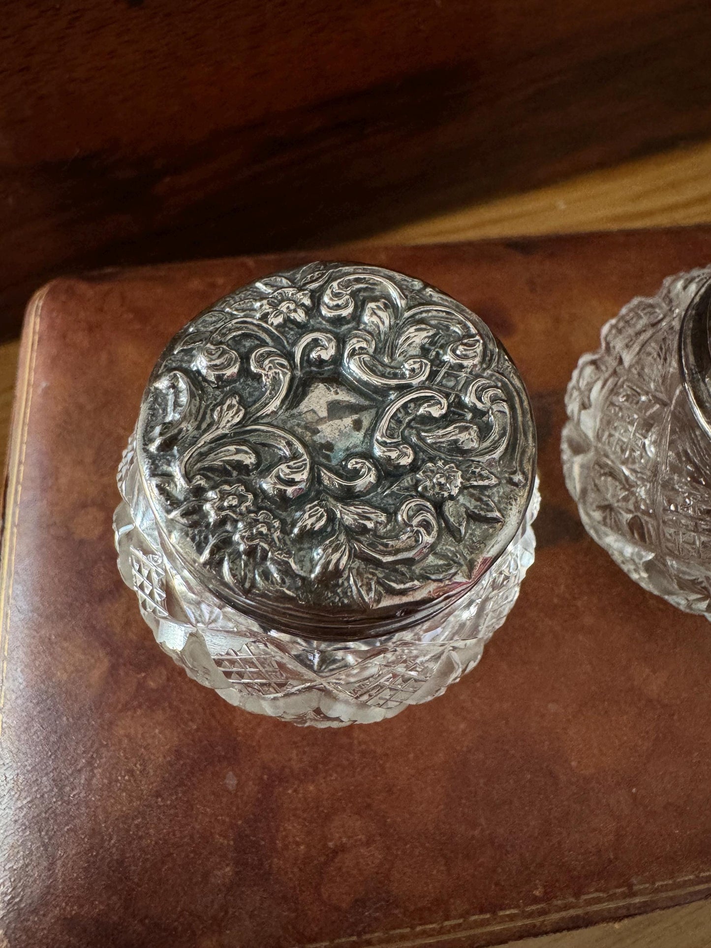 Pair of Antique Victorian Sterling Silver Topped Glass Vanity Jars