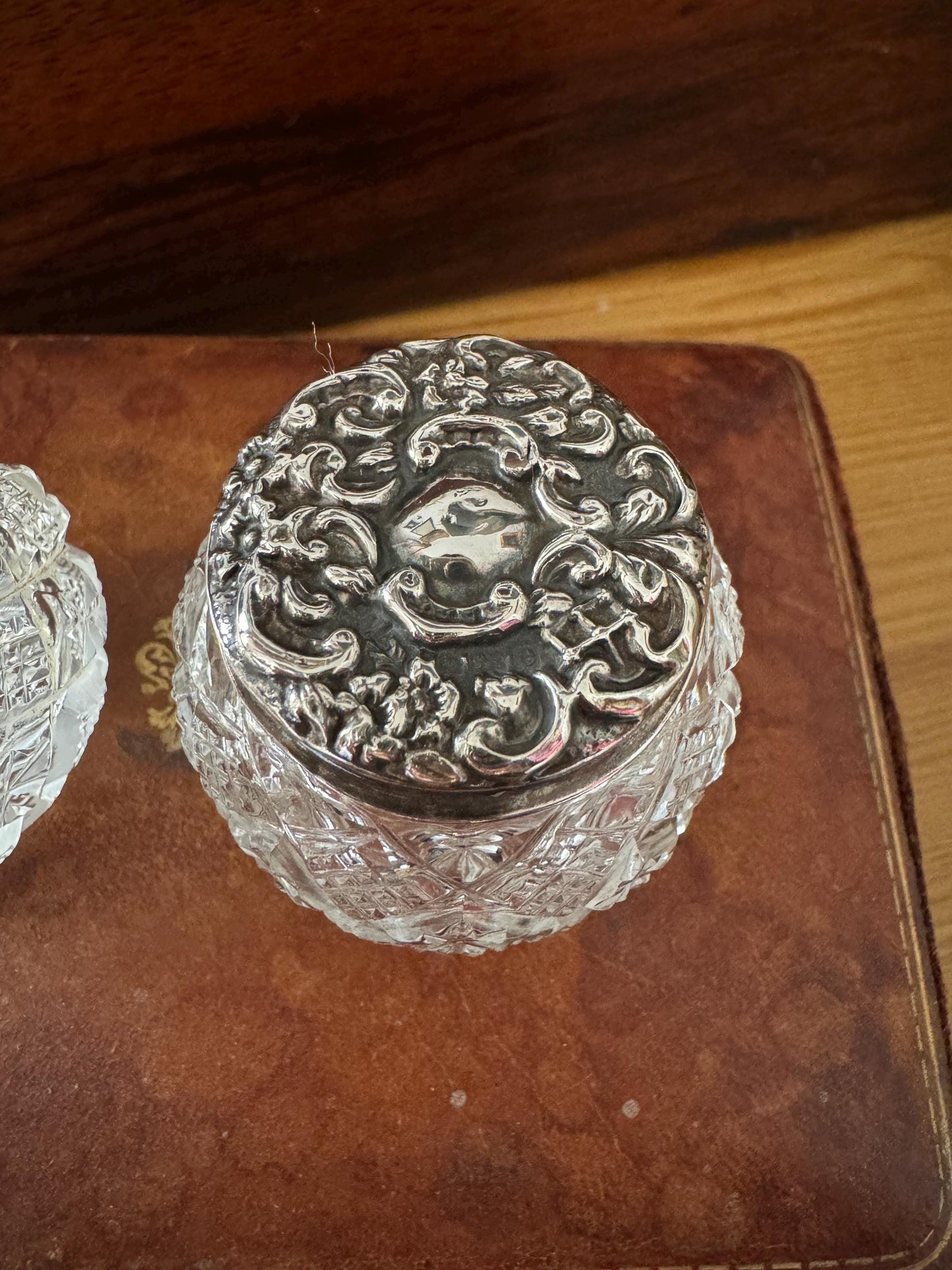 Pair of Antique Victorian Sterling Silver Topped Glass Vanity Jars