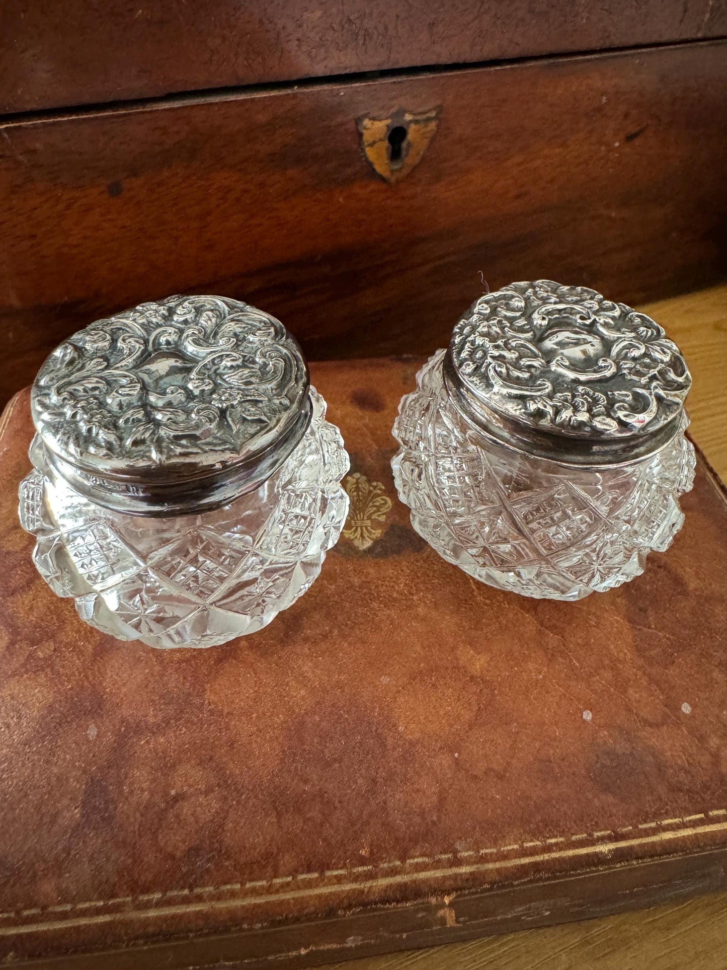 Pair of Antique Victorian Sterling Silver Topped Glass Vanity Jars