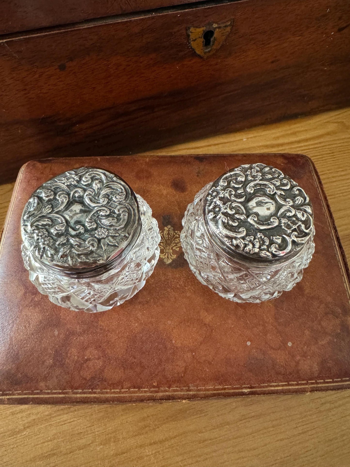 Pair of Antique Victorian Sterling Silver Topped Glass Vanity Jars