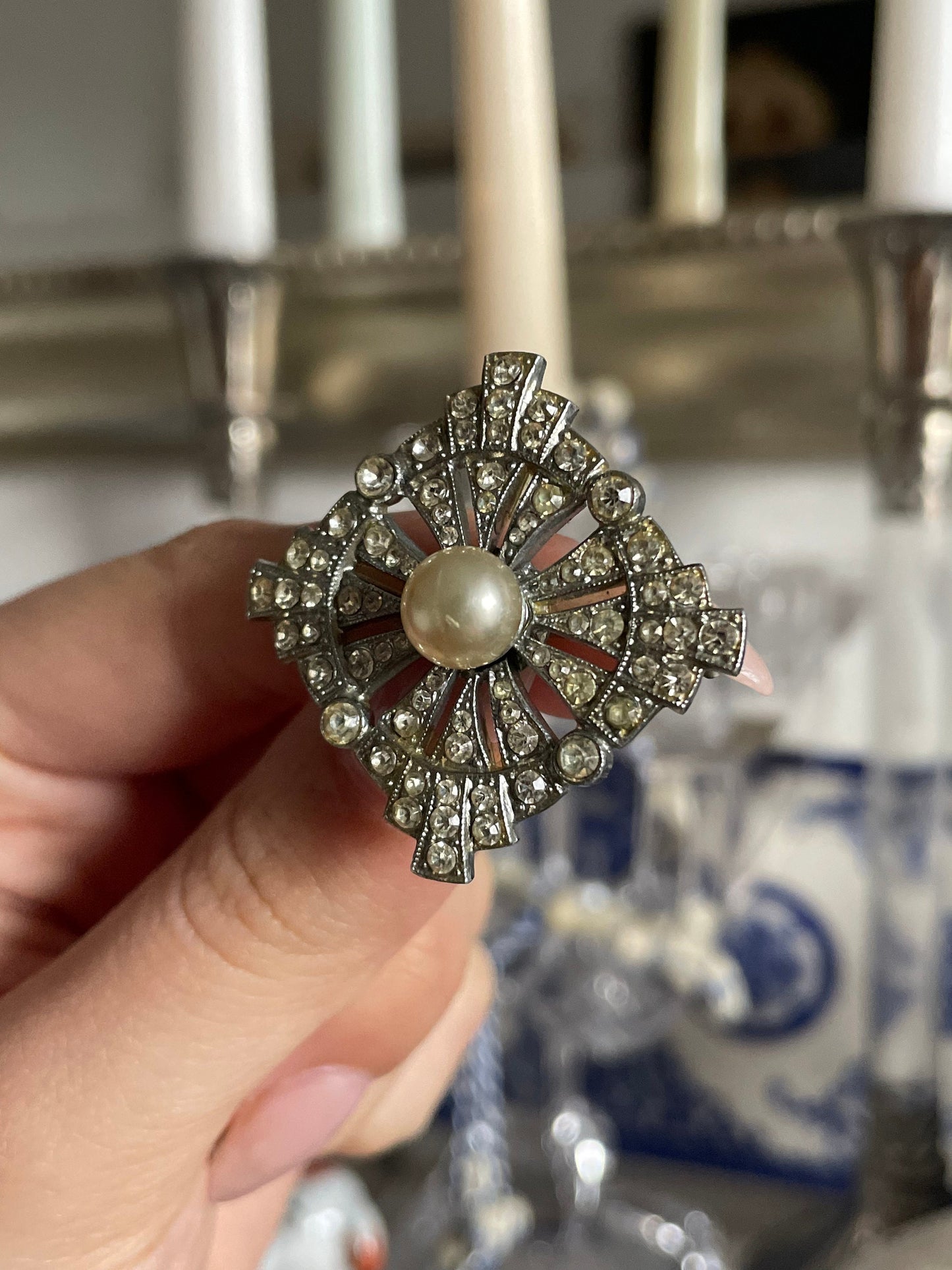Antique Art Deco 1920s 1930s Rhodium Plated Paste Stone Pearl Brooch