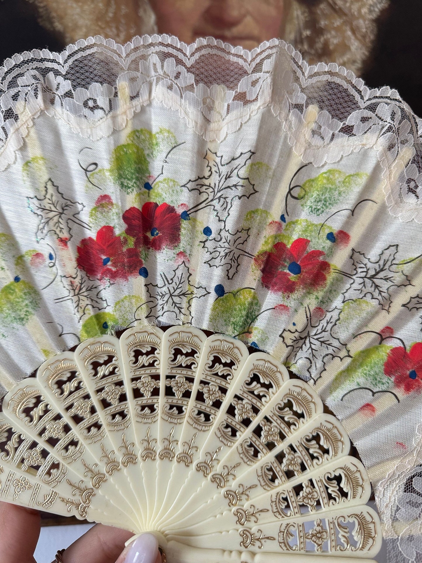 Vintage Hand Painted Floral Folding Fan With Lace Detail